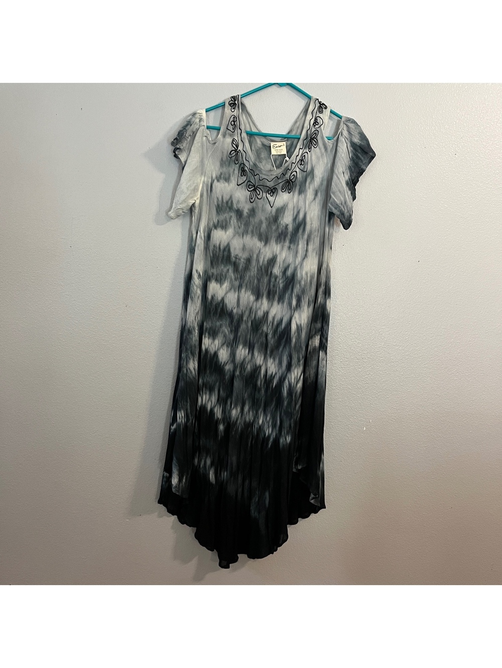 Exist Tie Dye Dress One Size Black Gray Embroidered Cold Shoulder Boho NWT
